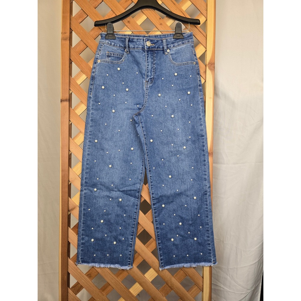Mud Pie Bullock Pearl Jeans Womens Size M Blue Frayed Hem Embellished - New